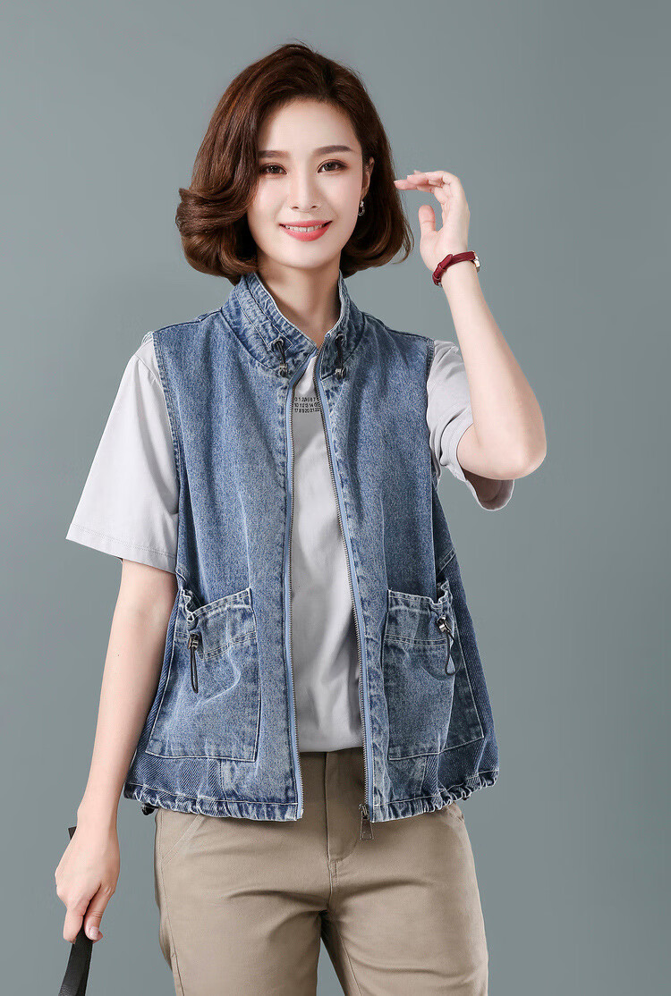 示诗 纯棉马甲女2020早秋新款牛仔短款抽绳立领外穿大码舒适透气简洁