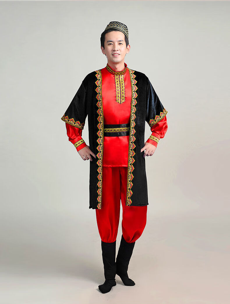 新疆维吾尔族服装男士哈萨克族民族舞蹈服艺考少数民族演出服 红色