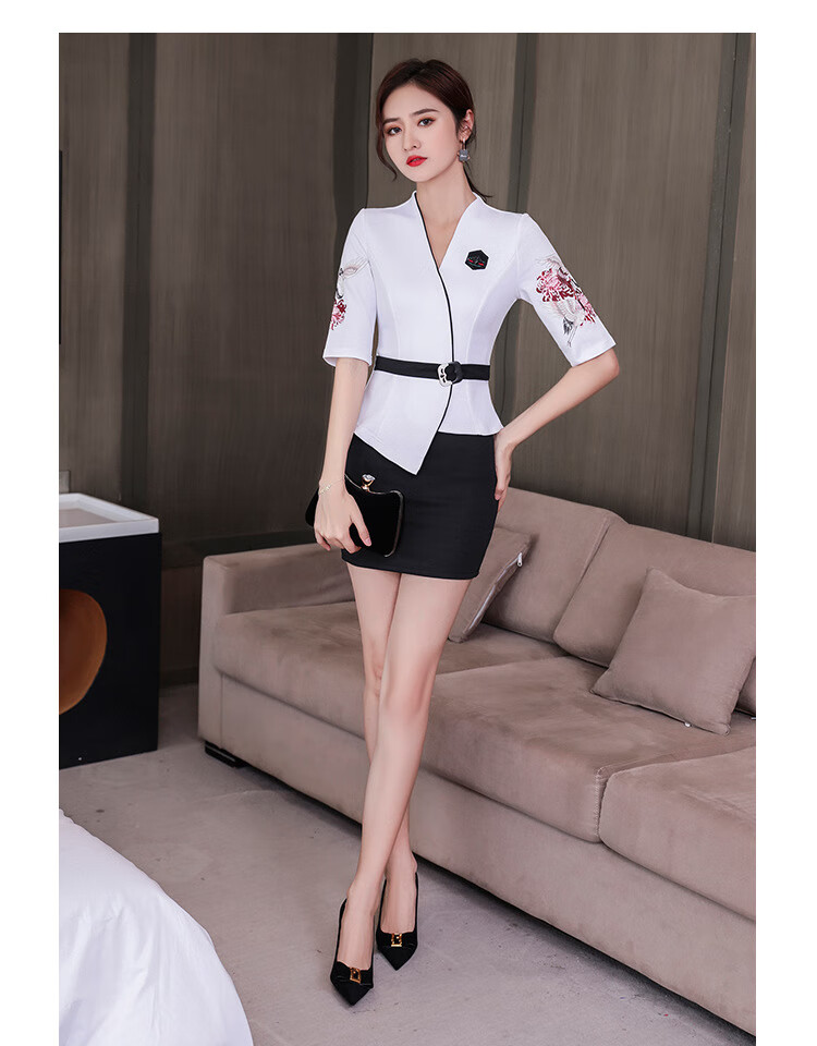 复邦技师服裙装夏季弹力显瘦性感套装足疗洗浴养生会所工装白黑色3xl