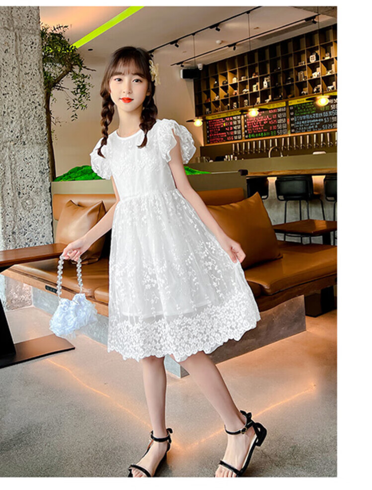 皮尔卡丹女童连衣裙夏季新款儿童公主裙纯色简约儿童礼服六一儿童节