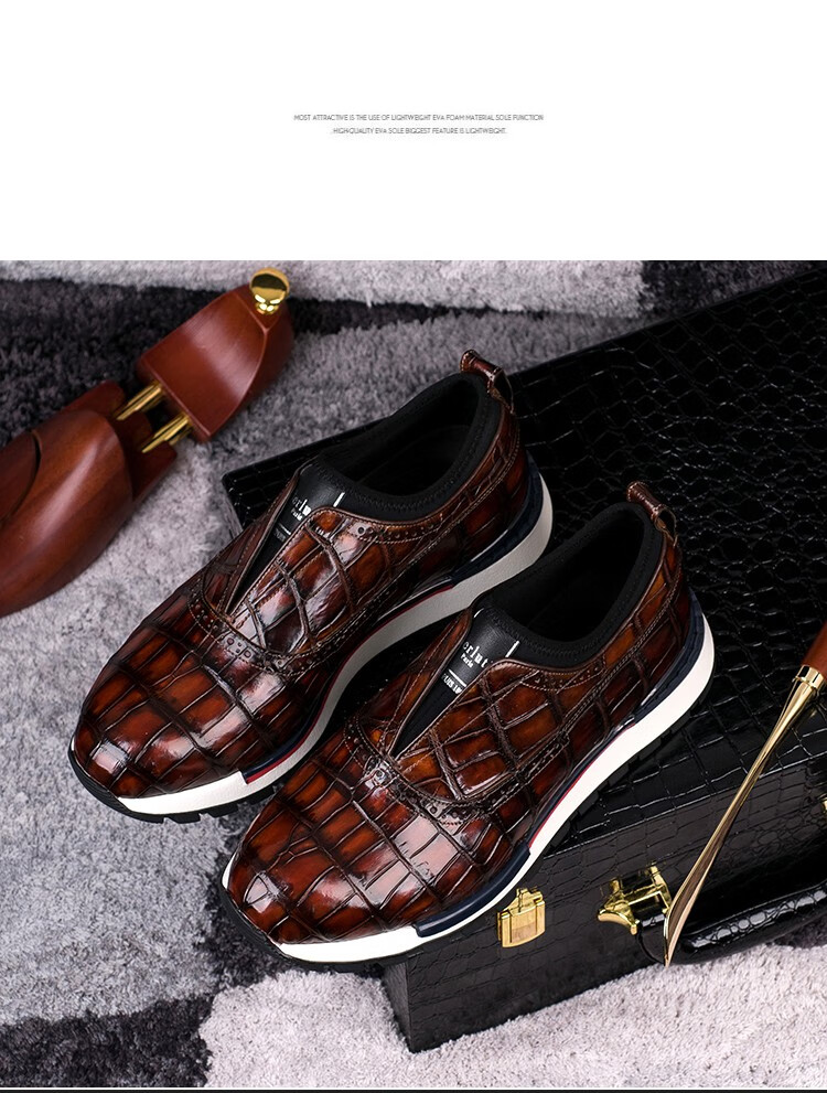私人定制擦色鳄鱼皮休闲男鞋 圆头系带肚皮运动皮鞋手工真皮品质定制