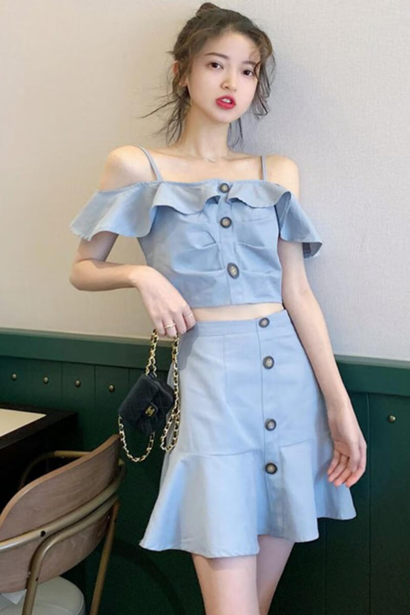 2020新款鱼尾裙二件套小个子吊带连衣裙女夏装洋气套装桔梗裙子潮新品