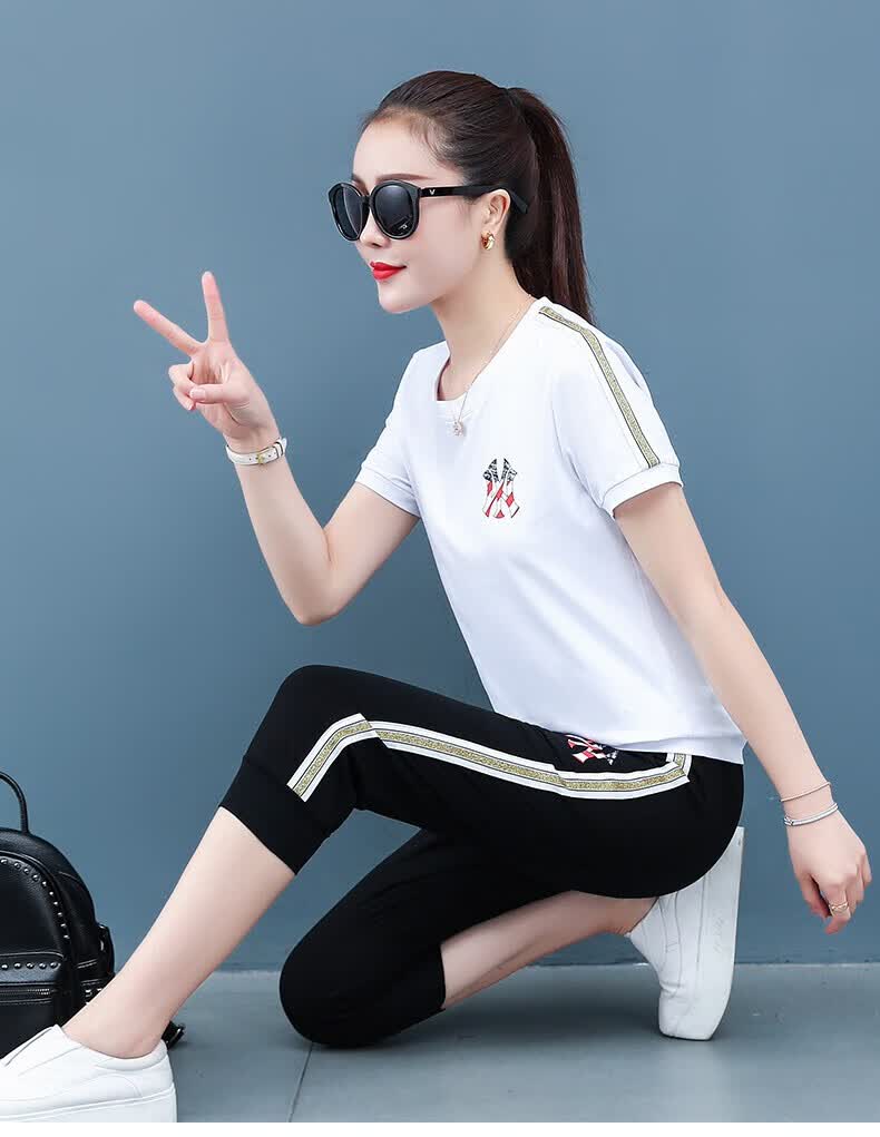 休闲运动套装女2021年夏季新款时尚大码女装夏装短袖两件套夏白色l