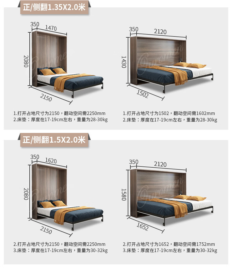 隐形床壁床五金配件正侧翻墨菲床隐藏床多功能折叠床定制 侧翻1.5*1.