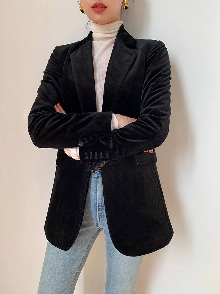 显瘦修身复古气质黑色经典金丝绒西装外套女小西装 黑色 s