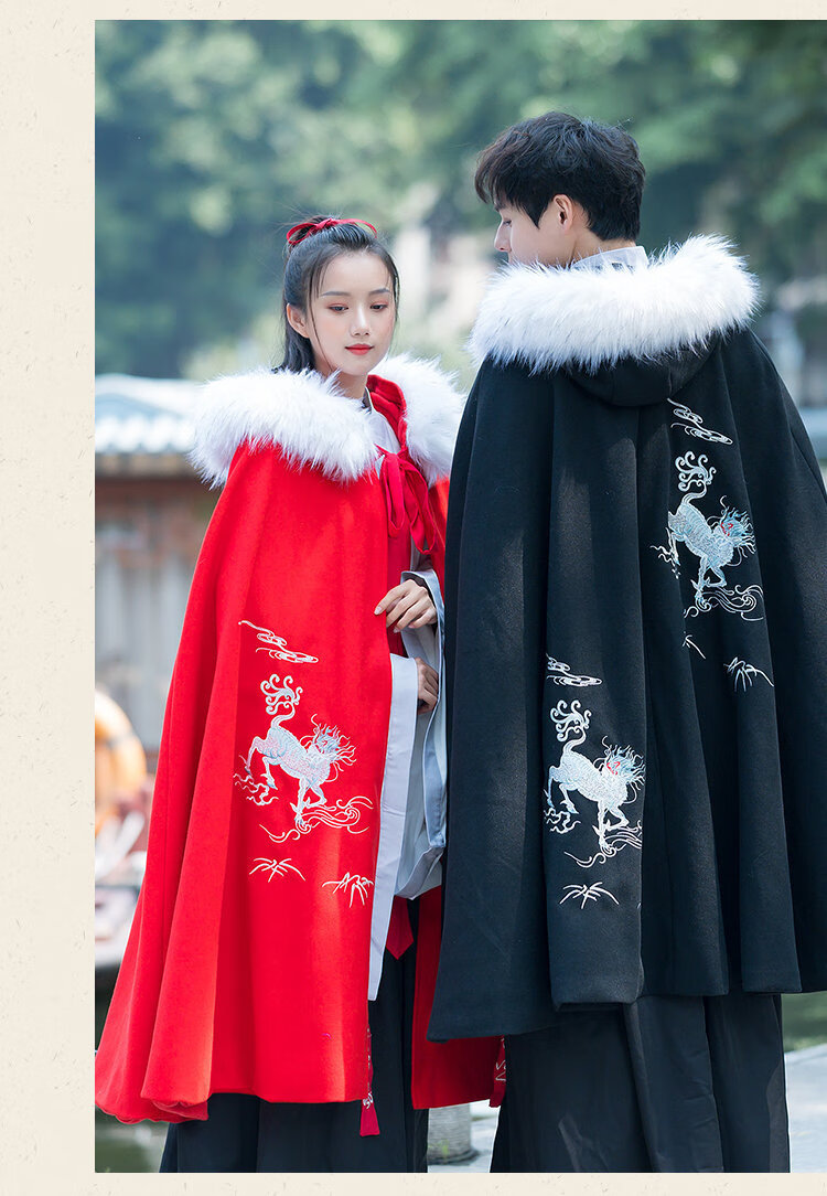 卡辑汉服男披风斗篷中国风刺绣龙凤毛呢加绒保暖连帽可拆毛领男女仙鹤