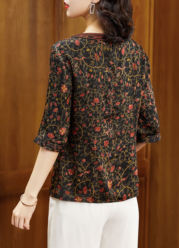 真丝香云纱短款上衣夏桑蚕丝衬衫女中袖宽松绿色小衫宽松 绿花 4xl