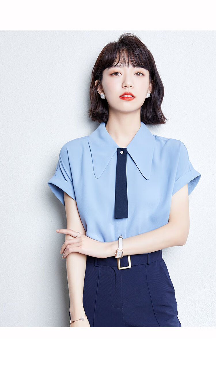 雾霾蓝雪纺衬衫女夏短袖2022新款领带设计感小众气质上衣打底衫潮图片