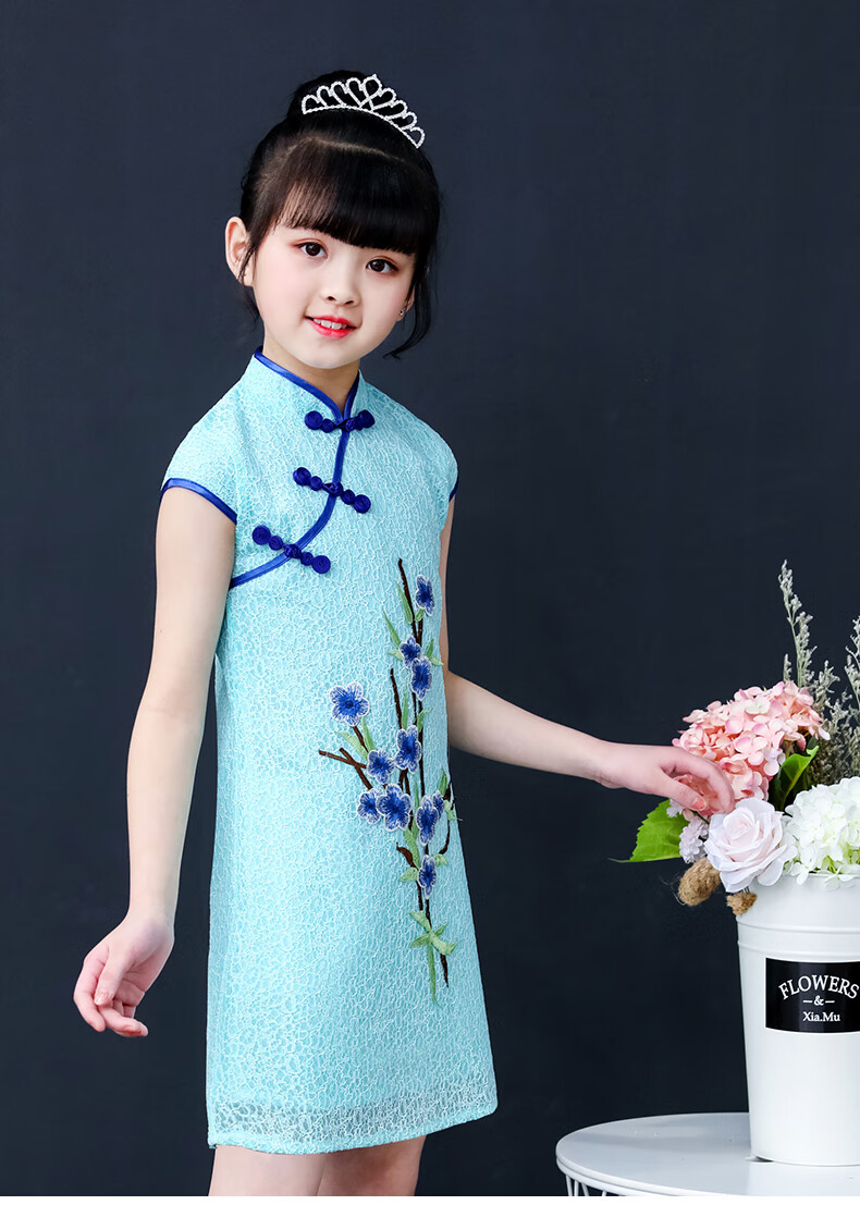 旗袍夏季装中国风小孩女孩中式唐装公主裙大童蕾丝祺袍 粉色 130码