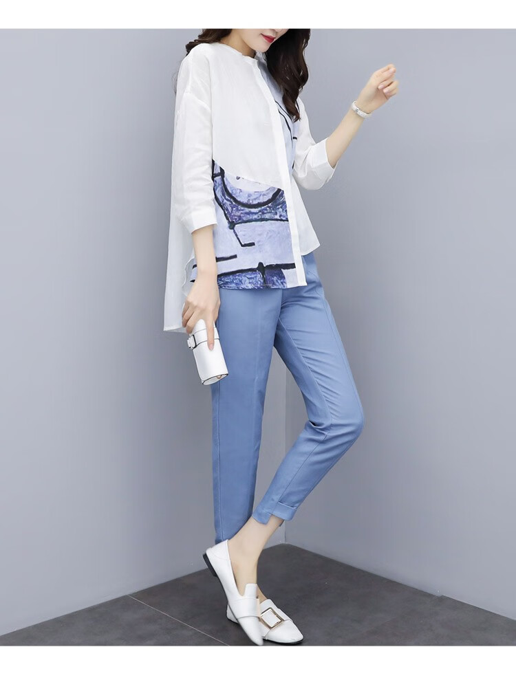 索硕女装套装2020夏新款韩版大码女装时尚显瘦衬衫上衣休闲裤九分裤两