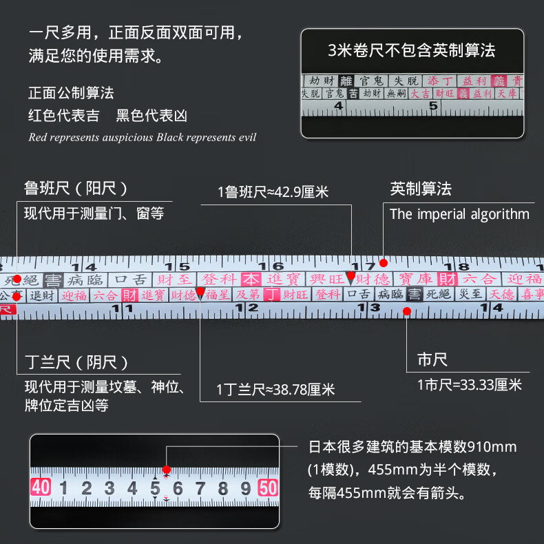 钢卷尺2/3/5/75/10米木工鲁班尺子高精度风水尺加厚公英制尺 7