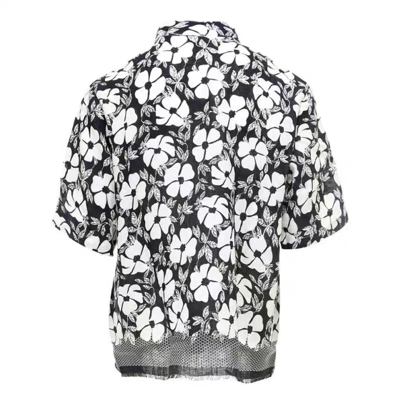 创造营2020鹿晗同款衣服男女碎花短袖衬衣宽松黑白花瓣衬衫潮 香槟色