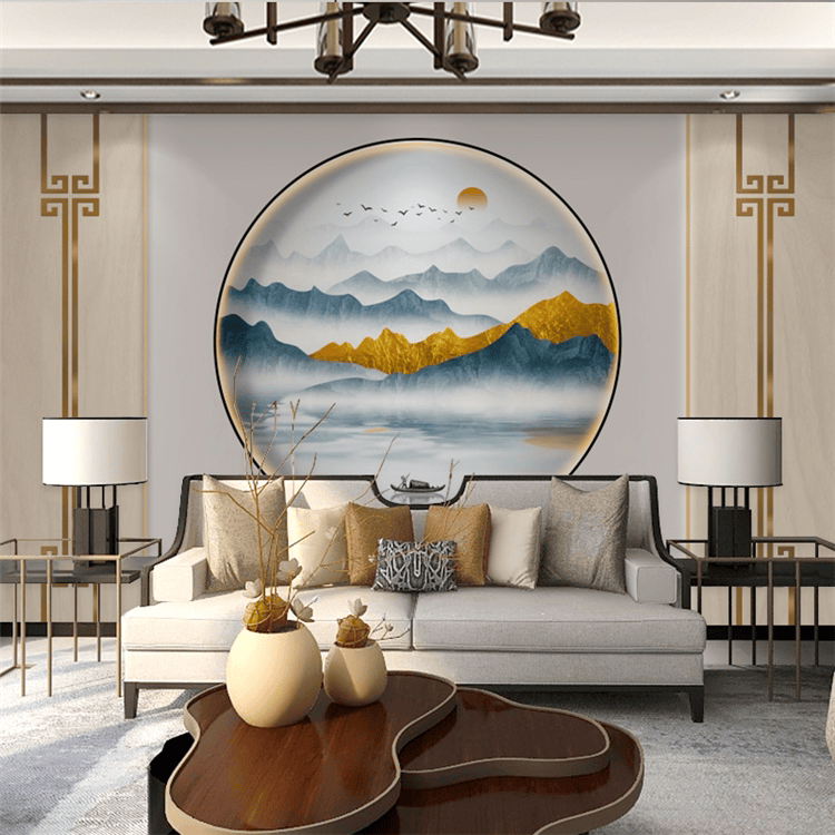 新中式电视背景墙壁纸2022圆形8d轻奢墙纸3d山水壁画影视墙壁布 无缝