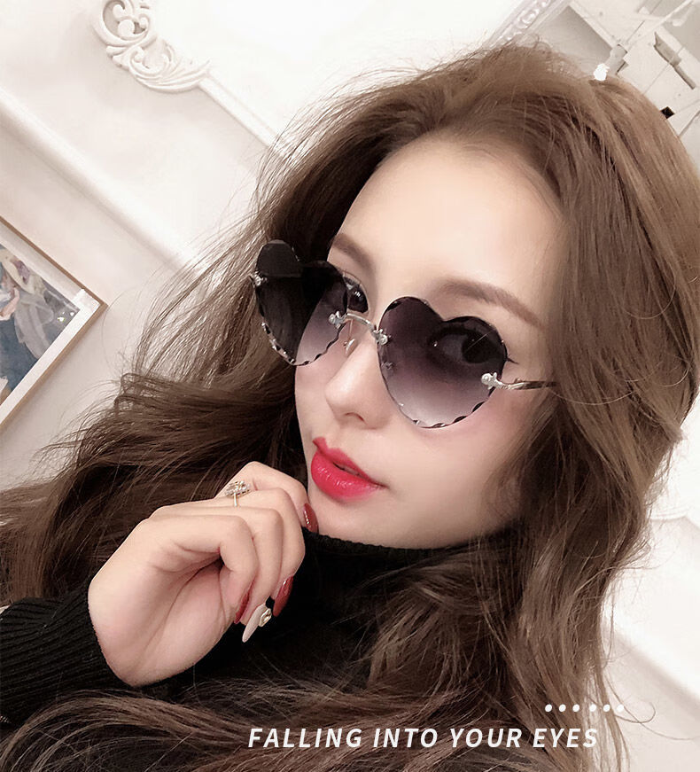 心形眼镜女2019新款复古无框墨镜大脸瘦圆脸网红街拍爱心太阳镜 渐变