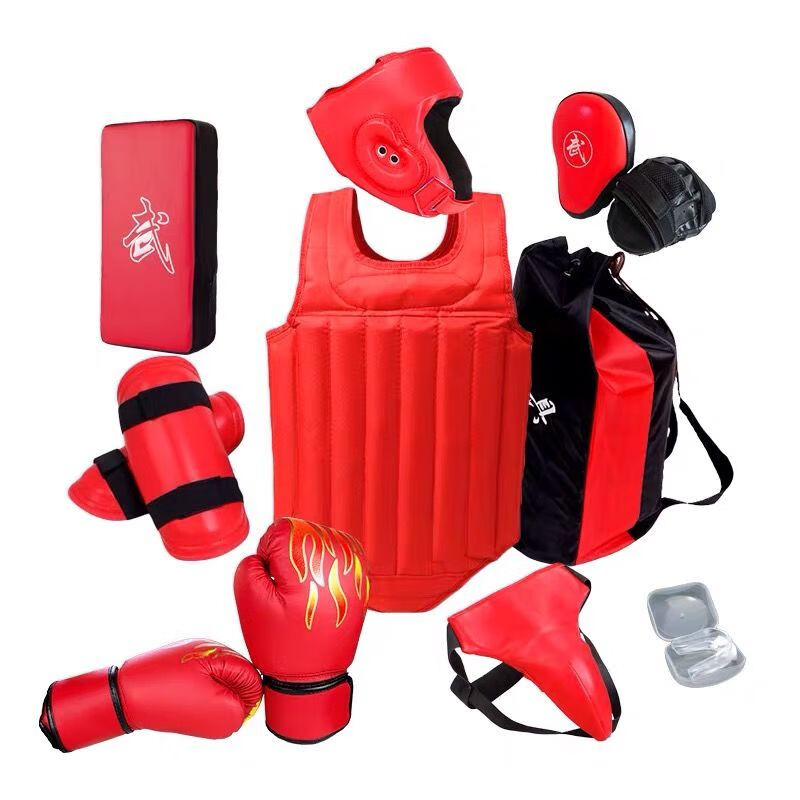 成人儿童实战武术格斗搏击拳击拳套保护训练器材套装4件套蓝色护齿