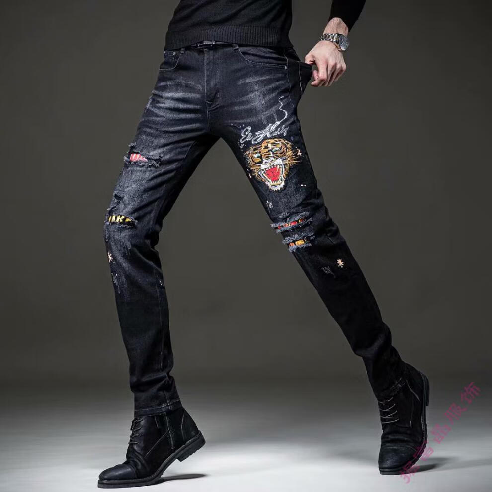 刺绣牛仔裤男裤潮牌修身休闲小脚韩版破洞男士裤子2021春季款黑色27