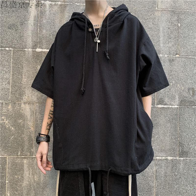 centuryboy原宿风暗黑系短袖恤男连帽休闲上衣宽松潮牌港风衣服五分袖
