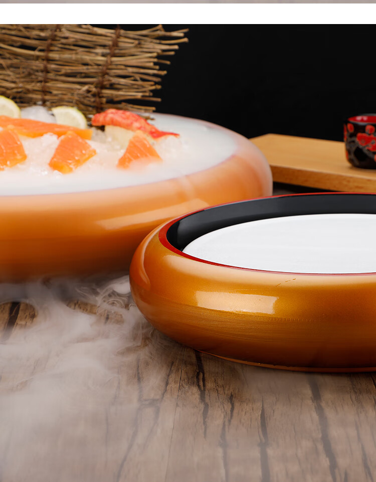 三文鱼刺身盘盘子日式冰盘冰板圆形寿司盘海鲜生鱼片鱼生冰碟 单个