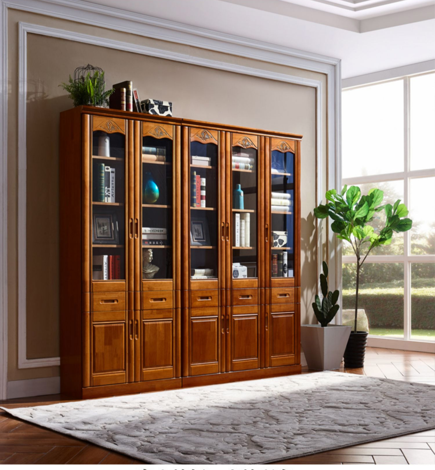 尼创 实木橡木书柜书架书橱带玻璃门现代简约中式落地组合办公室文件