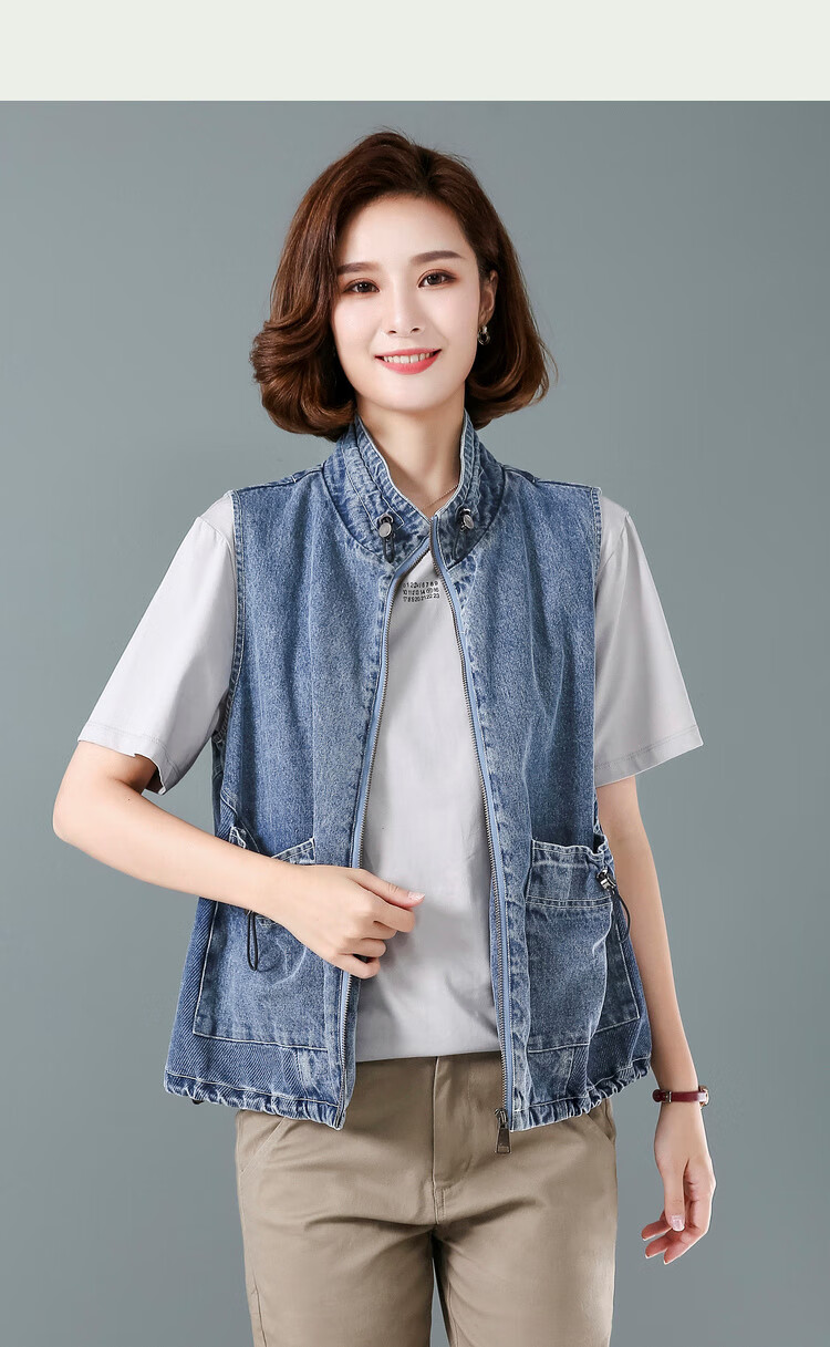 纯棉马甲女2020早秋新款牛仔短款抽绳立领外穿大码舒适透气简洁时尚