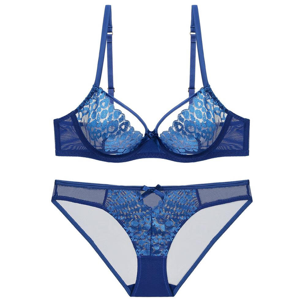 seemax欧美时尚性感透明透气蕾丝女士内衣文胸套装 蓝色 70b