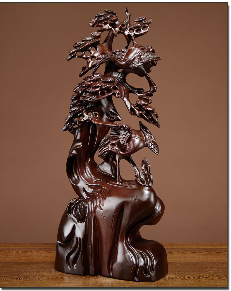 木雕松鹤延年摆件红木雕刻工艺品实木家居饰品客厅摆设送礼品 精雕