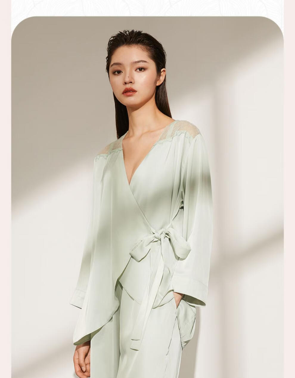 梵你卡波佟丽娅同款睡衣女春夏冰雪丝顺滑薄款长袖长裤刺绣蕾丝 橘