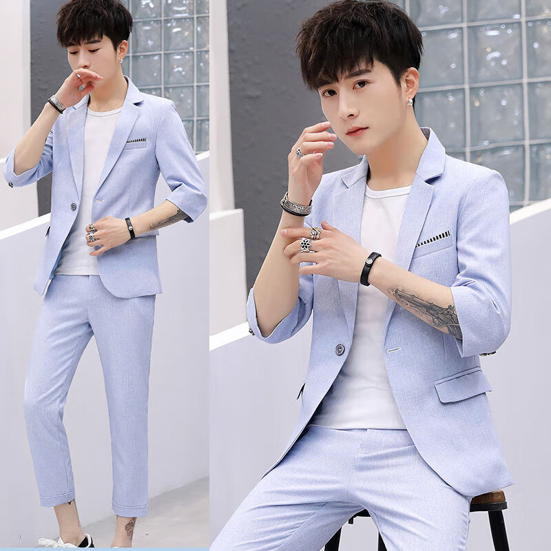 白色西服套装男夏季长袖小西装外套休闲九分裤礼服潮两件一套衣服