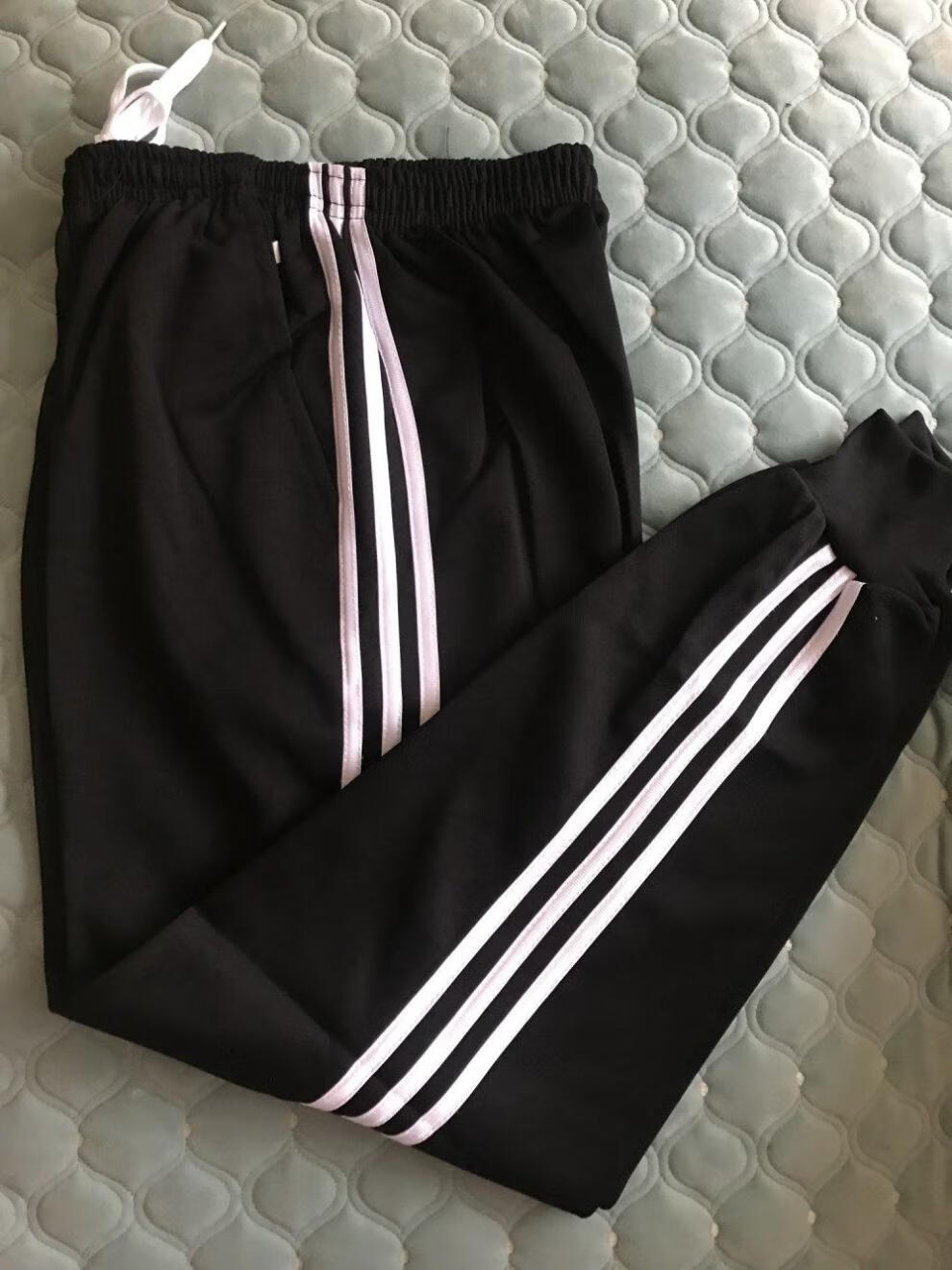 道杠两条边运动休闲直通运动长裤男初中校服裤子 黑色双白杠螺纹收口