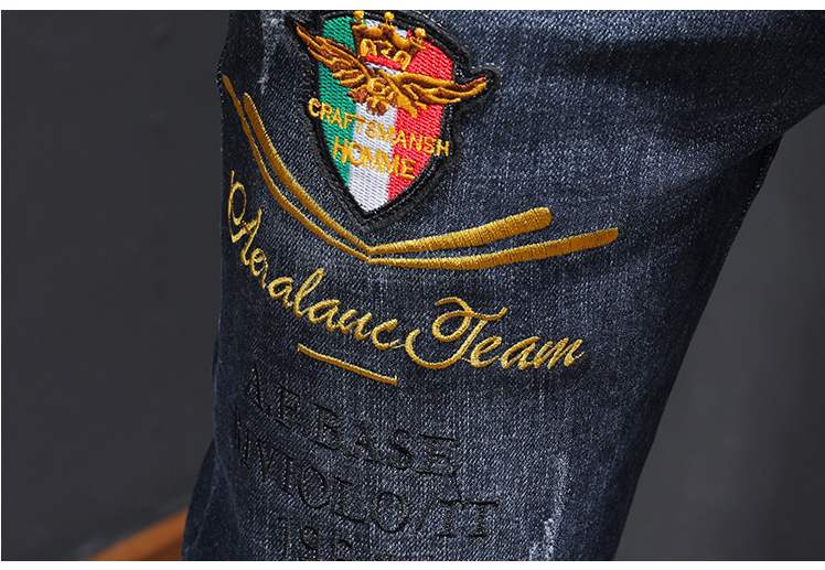 洋客 香港潮牌潮牌牛仔裤男2020秋季新款英文刺绣修身长裤潮流帅气