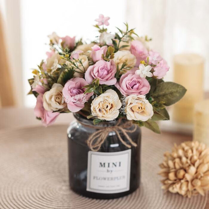 玫瑰套装样板房摆件客厅餐桌玻璃花艺摆设软装饰品仿真花摆件真鲜花t