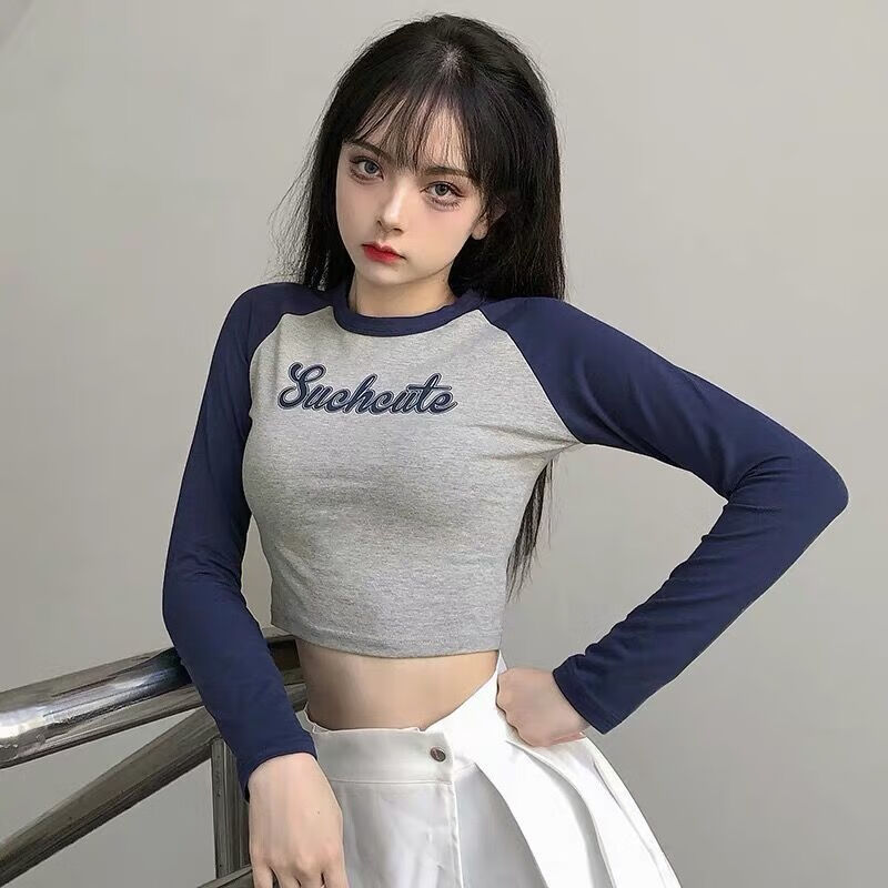 长袖t恤女上衣打底衫秋冬季 街拍ins风紧身显胸大长袖短款露脐t恤女