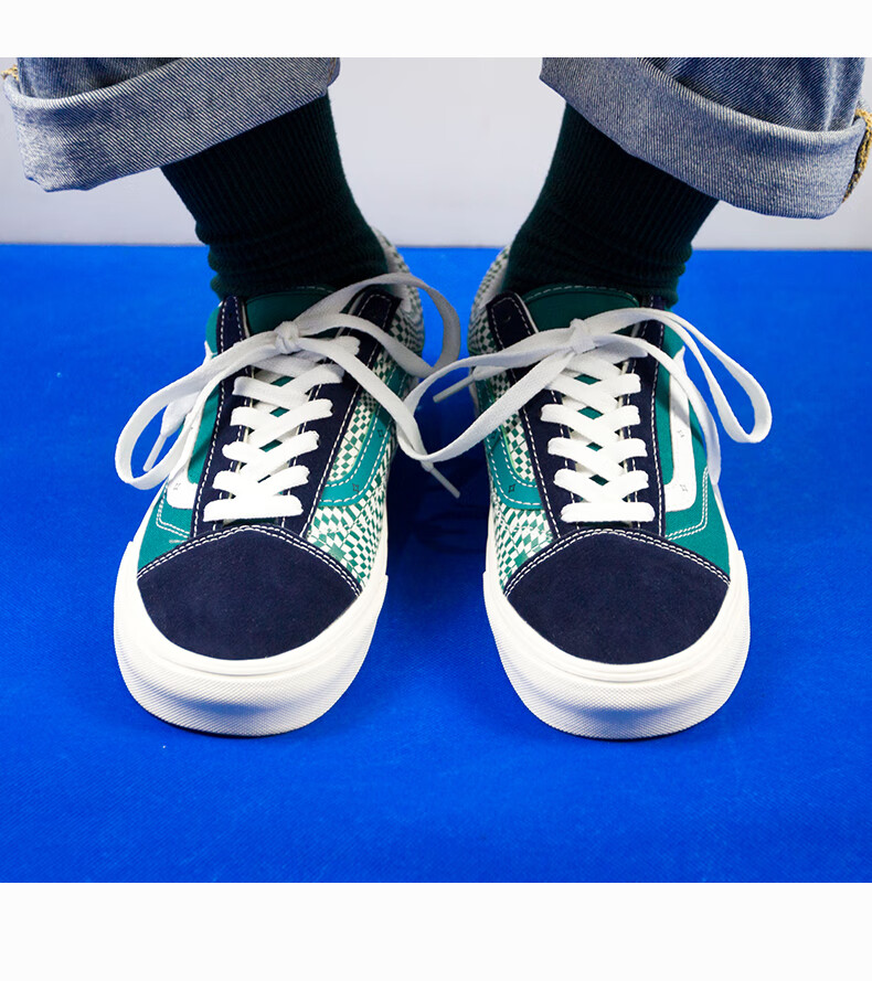 万斯(vans)蓝绿色鸳鸯棋盘格低帮休闲板鞋大码男鞋style36帆布鞋女