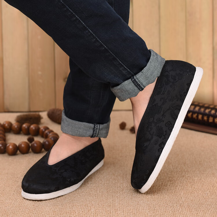 老北京布鞋手工麻绳纳底鞋圆口缎面龙纹男款老头鞋秋中老年布鞋 布底