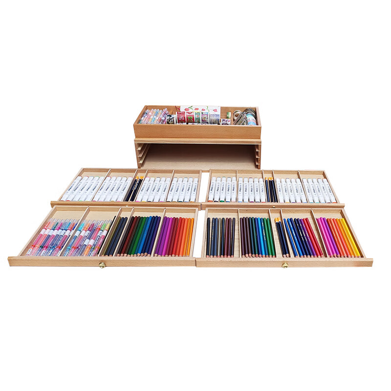 油画棒收纳木盒榉木画箱画盒抽屉式画盒收纳箱手账本和纸胶带工具储物