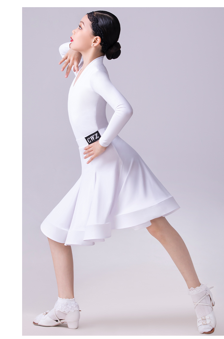 业少儿拉丁舞比赛服女儿童欧标锦纶高档标准规定赛服女童的白色0092