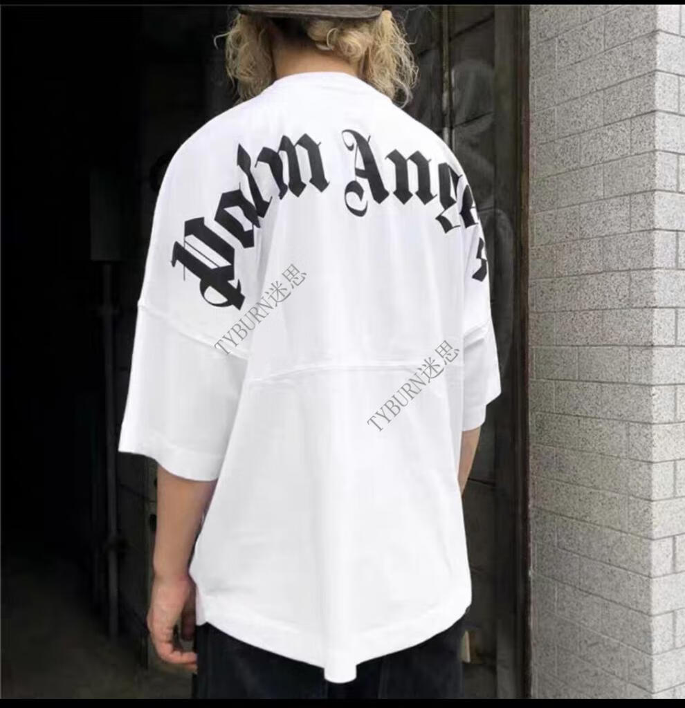 palm棕榈天使t恤angels后背字母印花嘻哈高街男女短袖宽松落肩t恤 黑