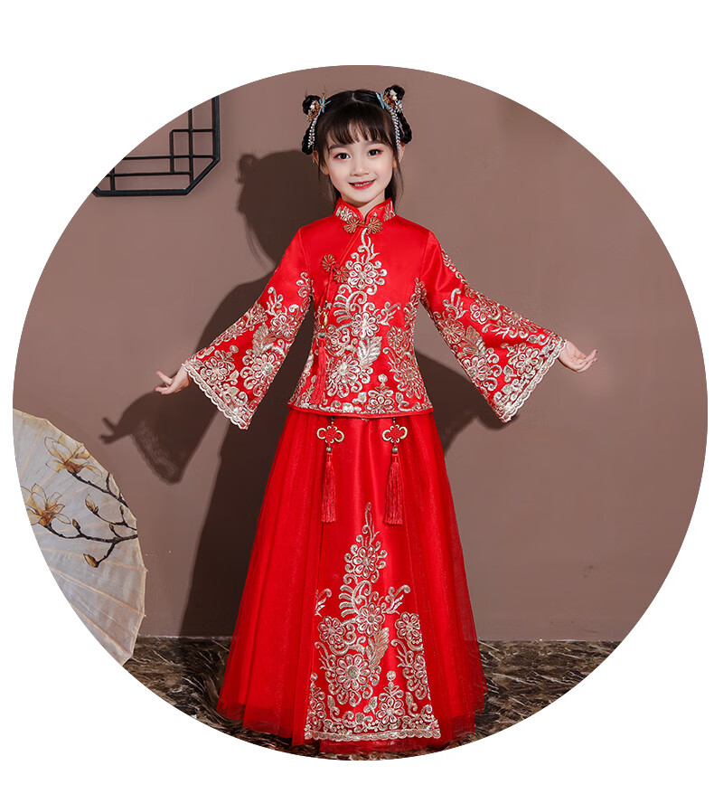 新款红色儿童拜年服女童古装中国风唐装秋冬加绒新年服公主服礼服红色