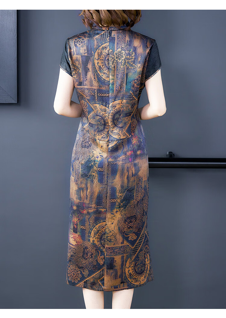 高端香云纱女装专柜正品连衣裙旗袍贵夫人裙子灰花3xl