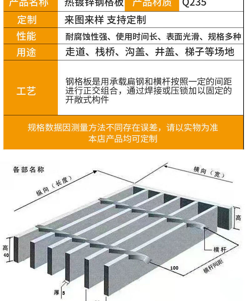可定制镀锌钢格栅钢格板洗车房钢格栅下水道地沟网格井盖板踏步板 200