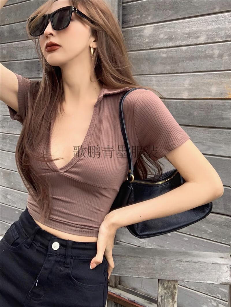 红女主显胸大紧身露脐t恤短袖上衣美式深v字显瘦时尚设计短款女咖色s