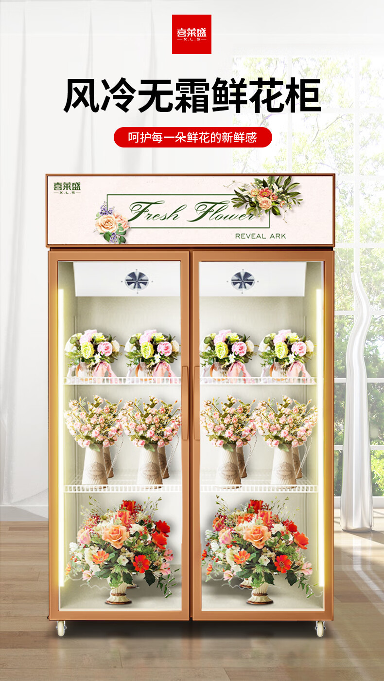 喜莱盛商用鲜花柜保鲜风冷展示柜冷藏柜双门花店鲜花柜绿色植物陈列