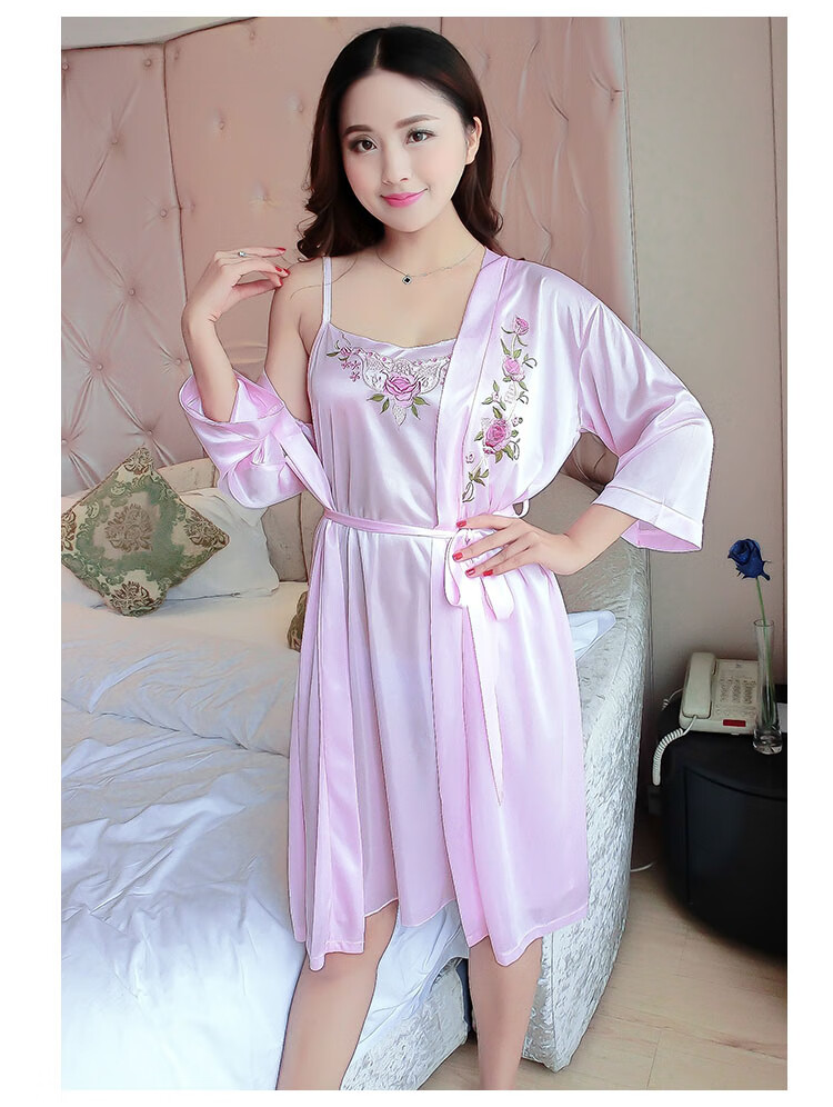 北极绒性感睡衣女夏季薄两件套装蕾丝黑色冰丝长袖仿真丝绸浴袍睡袍