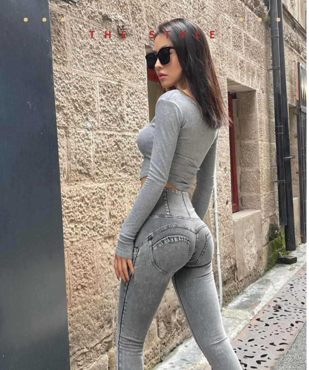 菲伊斯莉品牌蜜桃臀牛仔裤高腰拉链提臀水洗外穿紧身运动高弹长裤高腰