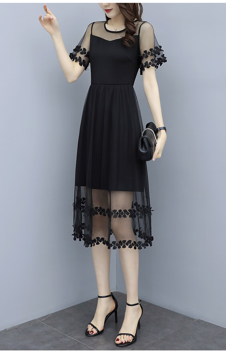 蕾丝网纱胖mm显瘦连衣裙拼接雷丝花瓣中长款加超大码女装夏季新款裙