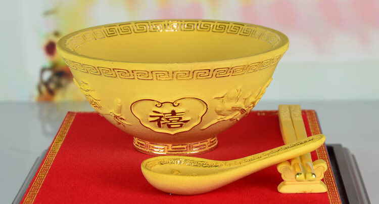 金碗绒沙金碗筷摆件送小孩认干儿子礼物结婚乔迁新居礼品金饭碗 中号
