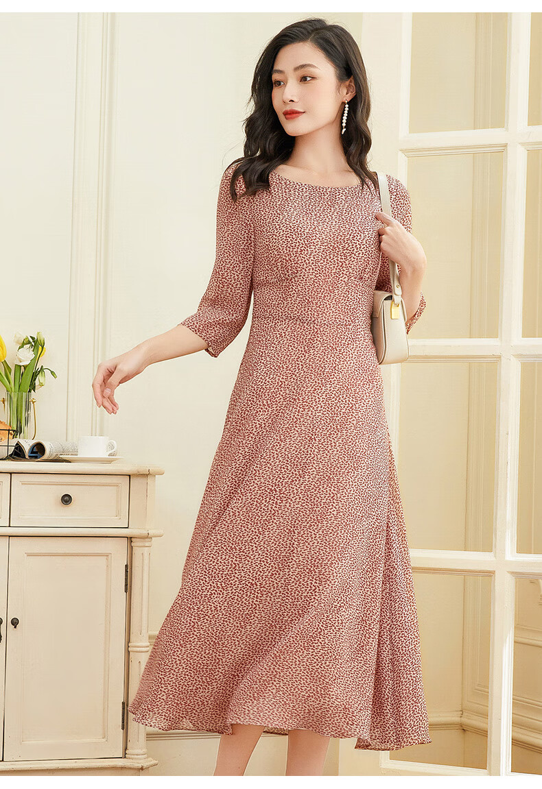 乔万尼印花真丝连衣裙2022中长款重工乔其纱年轻款粉色l