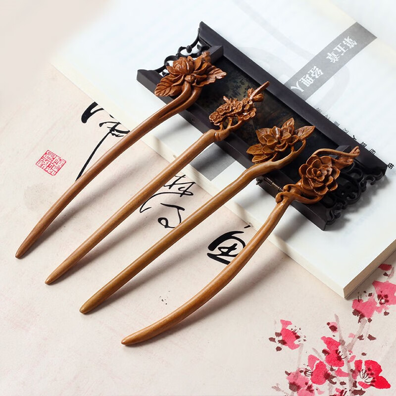 高端品质复古手工桃木发簪百搭儿童雕刻莲花云朵古典宫廷盘发钗头饰品