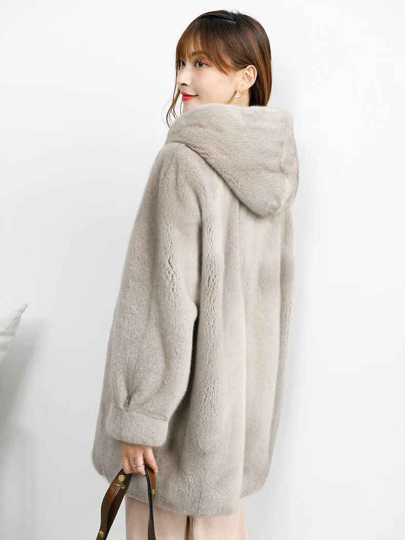 2021海宁新款进口天鹅绒级整貂皮大衣女水貂皮草外套中长款连帽珍珠色