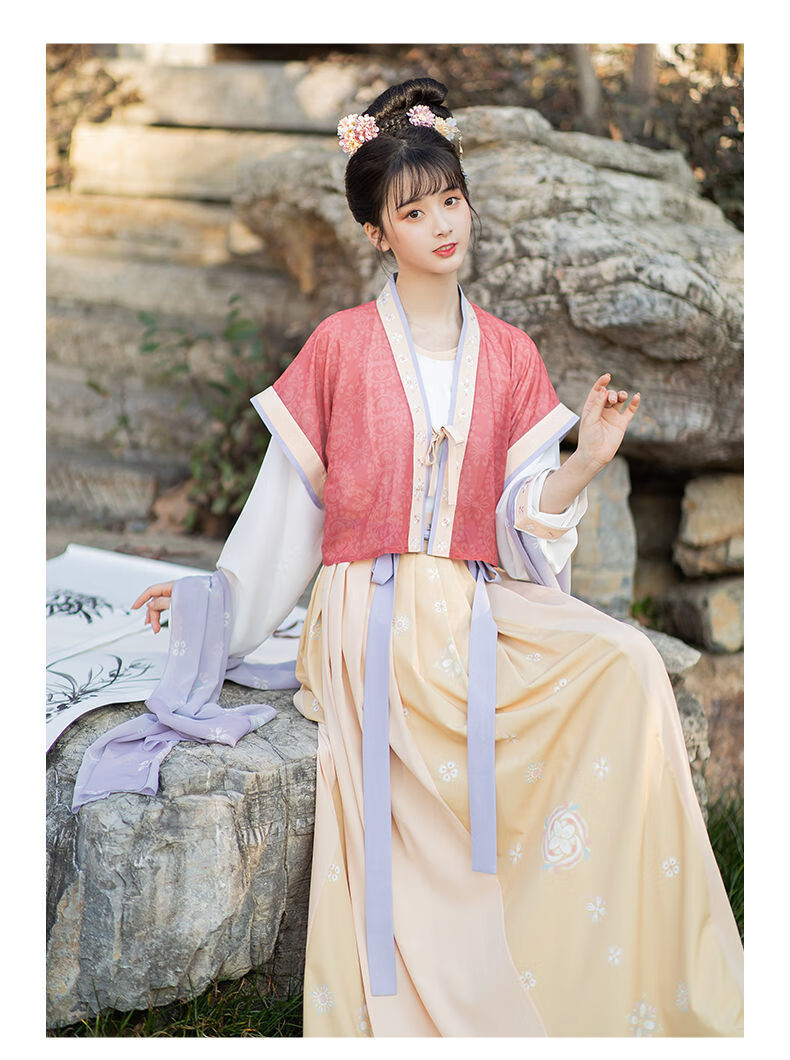 春:陌上歌唐制直领半袖背子圆领衫褶裙改良汉服女春夏 圆领衫 现货 s